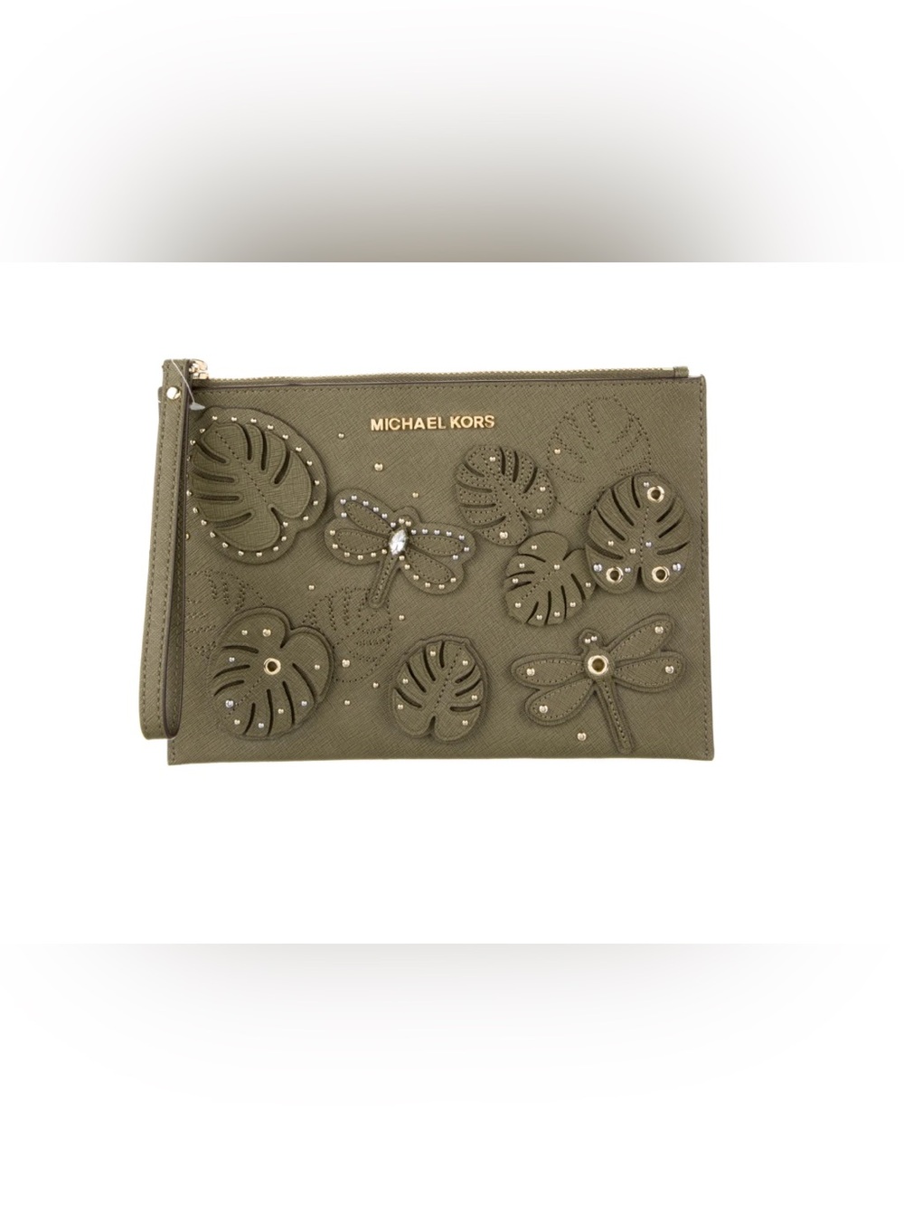 Michael Kors Olive Green Floral Appliqué Wristlet Clutch